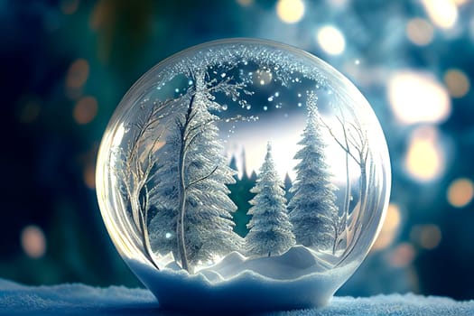 Snowy glass ball with winter forest covered with snow. Holiday scene with christmas bauble and christmas tree inside.