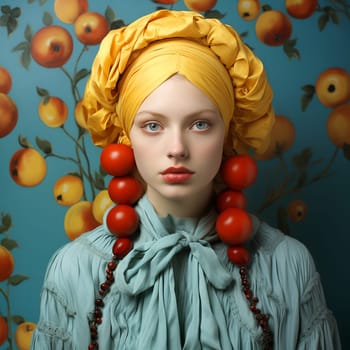 Portrait of a woman with fruit hanging from ears, red apples, healthy eating, harvest and fashion