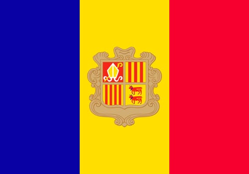 The national flag of Andorra with a vertical tricolour blue, yellow and red and an emblem in the center. Original and official colors. Proper proportions. Full size.