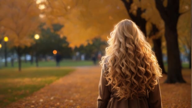 Fall scene with the silhouette of a female with long curly blonde hair shining against the daylight on a park with yellow leaves on a defocused background with copy space.