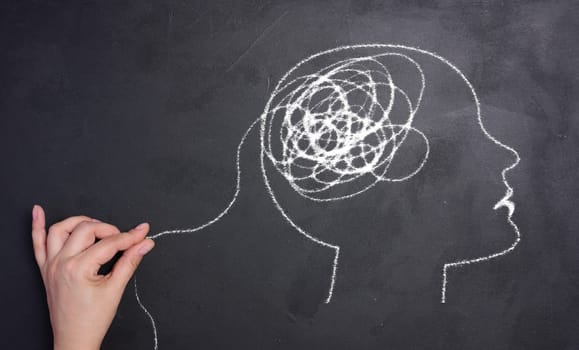 Profile of a human head with a tangled spiral in the brain area. The head is drawn in white chalk. Mental health concept