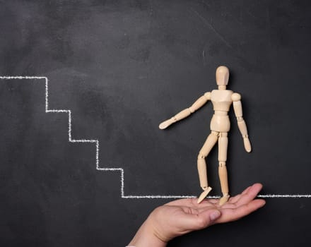 The chalk-drawn staircase goes up and the little man goes forward. Goal achievement concept