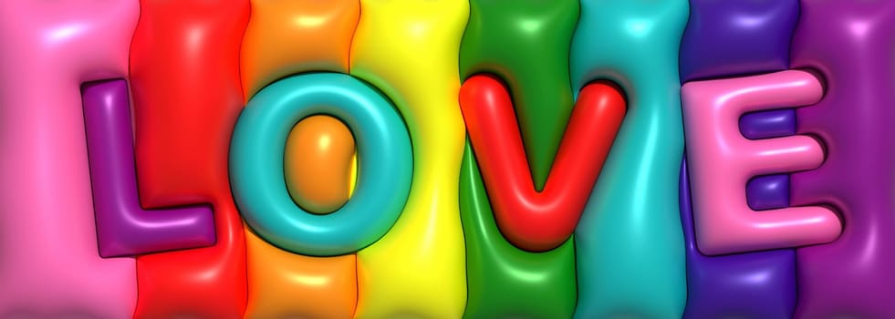 The word love and multi-colored flag is a symbol of LGBT social movements, reflecting the diversity of the LGBT community and the spectrum of human sexuality and gender. 3D rendering illustration