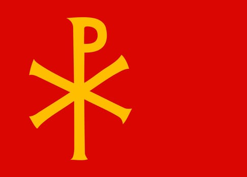 The religious flag of the Greek Orthodox Church on a metal chrome flagpole on a yacht on a cloudy summer day. The flag is yellow with a black pattern made of synthetic material.