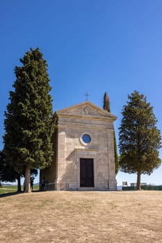 Capella Di Vitaleta in countryside between San Quirico and Pienza in Val d Orcia Tuscany. Italy