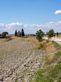 Capella Di Vitaleta in countryside between San Quirico and Pienza in Val d Orcia Tuscany. Italy