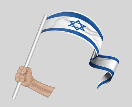3D illustration. Hand holding flag of Israel on a fabric ribbon background.