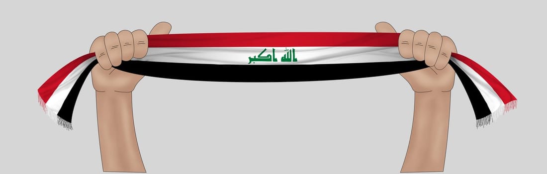 3D illustration. Hand holding flag of Iraq on a fabric ribbon background.