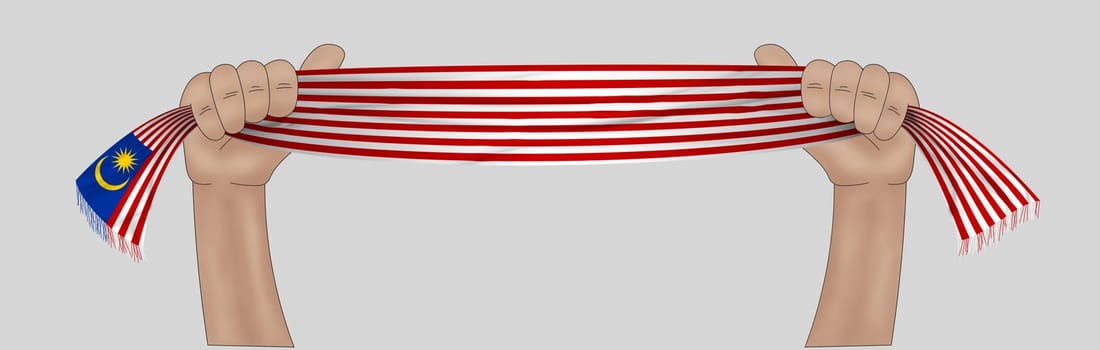 3D illustration. Hand holding flag of Malaysia on a fabric ribbon background.