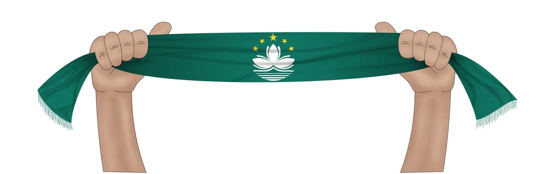 3D illustration. Hand holding flag of Macau on a fabric ribbon background.