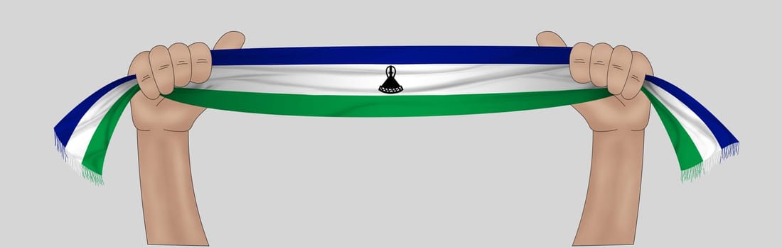 3D illustration. Hand holding flag of Lesotho on a fabric ribbon background.