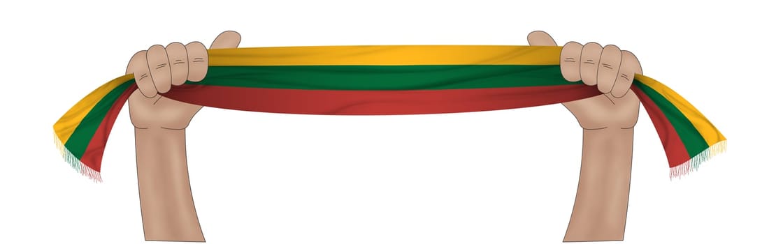 3D illustration. Hand holding flag of Lithuania on a fabric ribbon background.