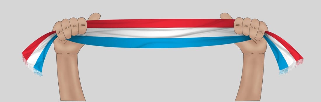 3D illustration. Hand holding flag of Luxembourg on a fabric ribbon background.