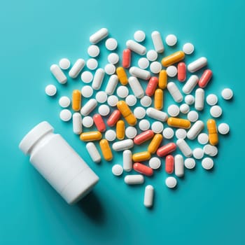 White and yellow medical pills are pouring out of a medicine bottle on a blue background.Generative AI