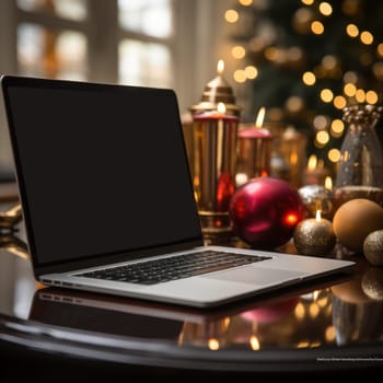 Christmas background with laptop and Christmas tree decorations on the background of a Christmas tree. Holiday and online shopping concept,Generative AI