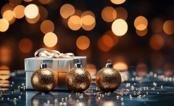 Christmas background with gifts and Christmas tree decorations on a blurred background. Holiday and Christmas concept.Generative AI