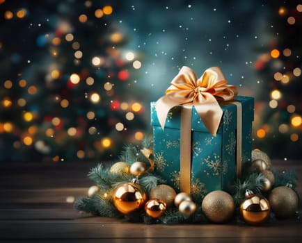 Christmas background with gifts and Christmas tree decorations on the background of a Christmas tree.Holiday and Christmas concept.Generative AI