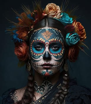 close-up young woman with make-up at the festival Day of the Dead - Dia de los Muertos (Day of the dead) - a holiday dedicated to the memory of the dead.on a dark background . Generative AI
