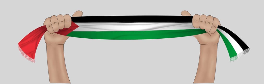 3D illustration. Hand holding flag of Palestine on a fabric ribbon background.