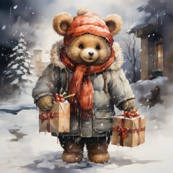a bear cub in a coat and scarf brings Christmas gifts to his family. a holiday card in Watercolor style. Generative AI