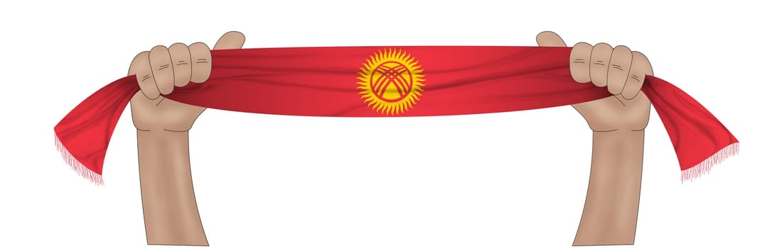 3D illustration. Hand holding flag of Kyrgyzstan on a fabric ribbon background.