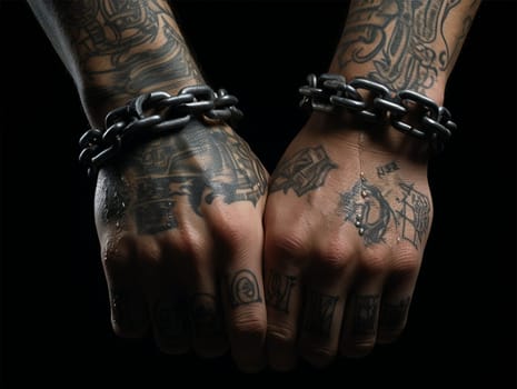 hands of a man in chains. Anti-slavery and illegal imprisonment concept .Generative AI
