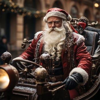 Santa Claus in a stylized retro car with embroidery and with ethnic elements on clothes. Generative AI