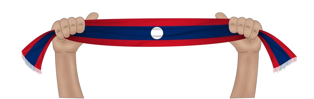 3D illustration. Hand holding flag of Laos on a fabric ribbon background.