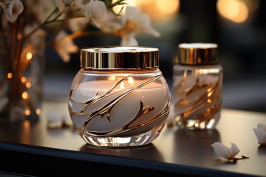 Cosmetic crystal bottle inlaid with gold of a luxury product with white fresh flowers. product presentation, demonstration of cosmetic products. Modern stylish luxury bottle,Generative AI
