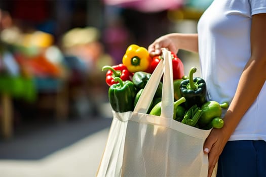 Young woman holding textile glocery eco bag with fruits and vegetables. Generative AI