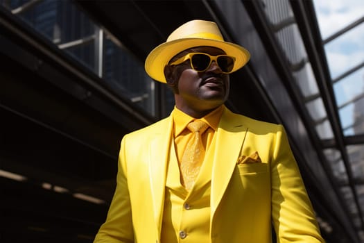 African American man in a stylish yellow suit, hat and sunglasses.Generative AI