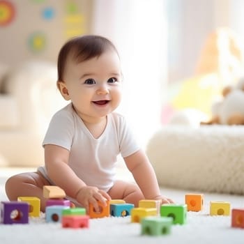 Little child playing with blocks on the floor at home. Generative AI