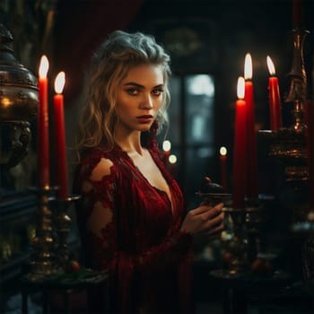 young woman in red clothes at a Halloween party.in the style of a vampire party. Generative AI