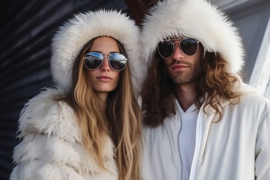 Portrait of a young model couple with long hair posing in stylish black sunglasses and a luxurious white fur coat and hat. Fashion for fur coats, hats and sunglasses .Generative AI