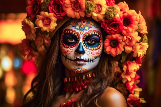 close-up young woman with make-up at the festival Day of the Dead - Dia de los Muertos, a holiday dedicated to the memory of the dead.against the backdrop of illumination. Generative AI