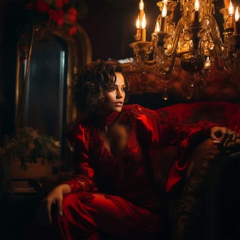 young woman in red clothes at a Halloween party.in the style of a vampire party. Generative AI