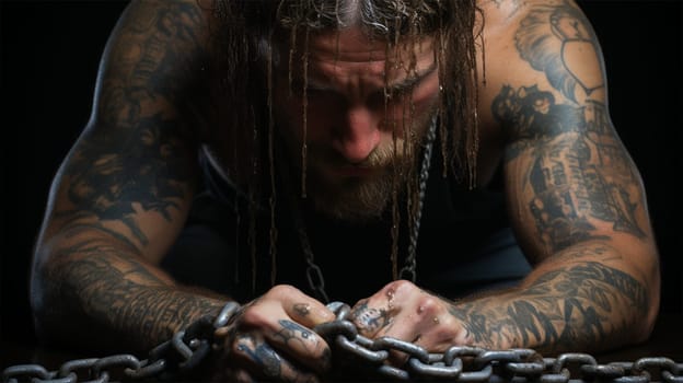 the man desperately tries to remove the chains from his hands. the concept of man in captivity, deprivation of rights and freedom,Generative AI