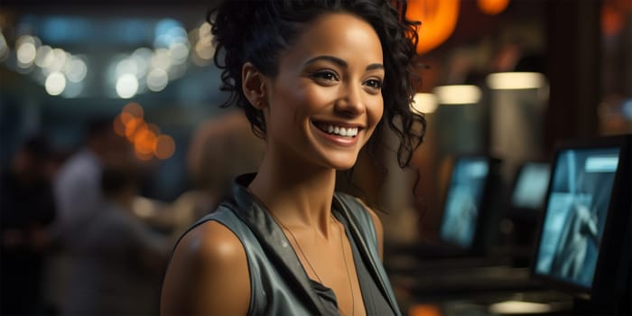 Portrait of a beautiful woman against the background of a blurred image of a room with laptops .Generative AI