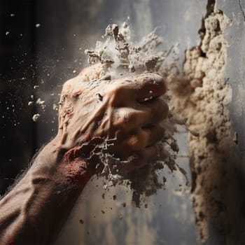 A human fist breaks a concrete wall into pieces by hitting it.Generative AI