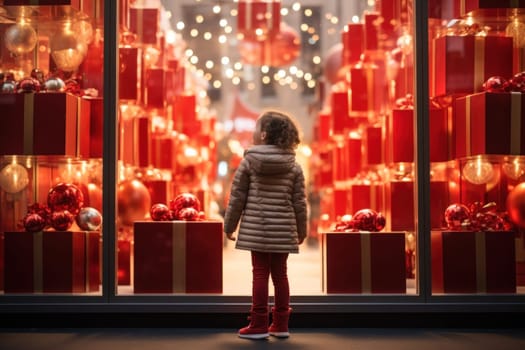 little girl looking through a display window at Christmas decorations and gifts in a store,Generative AI