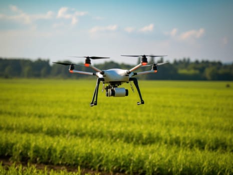 A drone over a farmer's field pollinates plants .technology in the service of agriculture. Generative AI