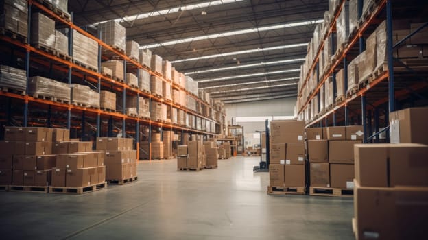 Modern warehouse filled with various boxes, cargo and materials,Generative AI