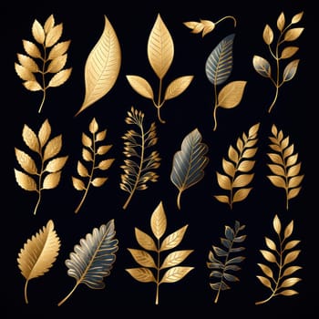 Golden tropical leaves on a black background, can be used as design elements for cards and banners,Generative AI