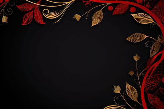 gold and red elegant Christmas ornament on black background with copy space.Greeting Christmas card.Generative AI