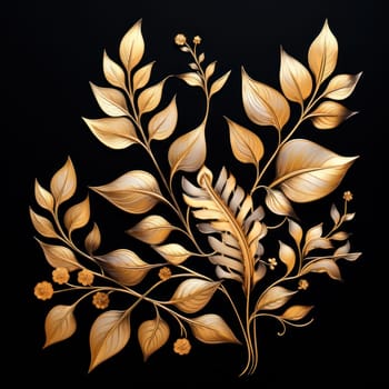 golden branches with leaves on a black background, can be used as design elements for cards and banners.Generative AI