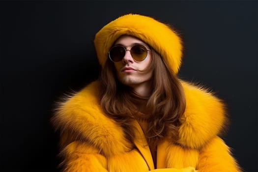 young male model with long hair in a yellow fur hat and fur coat, on a studio background.Generative AI