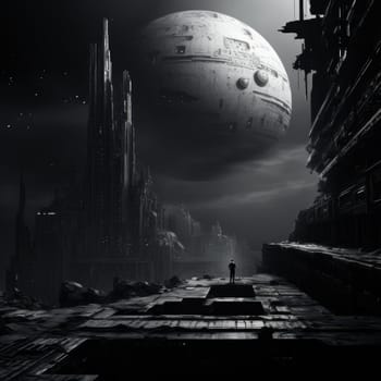 dystopian and surreal plot. destroyed alien architecture, apocalypse on an unknown planet. Generative AI