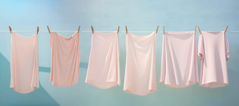Clean children's clothes hanging on a washing line on the street. Illustration in pastel colors. Washday. Generative AI