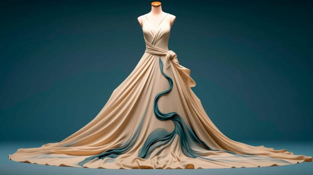 Beautiful evening dress on a mannequin. High quality dress with detailed drapery, light beige and blue color. AI generated