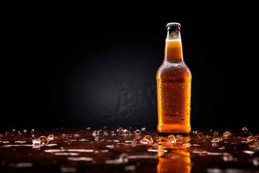 Bottle of cold beer on a dark background. AI generated